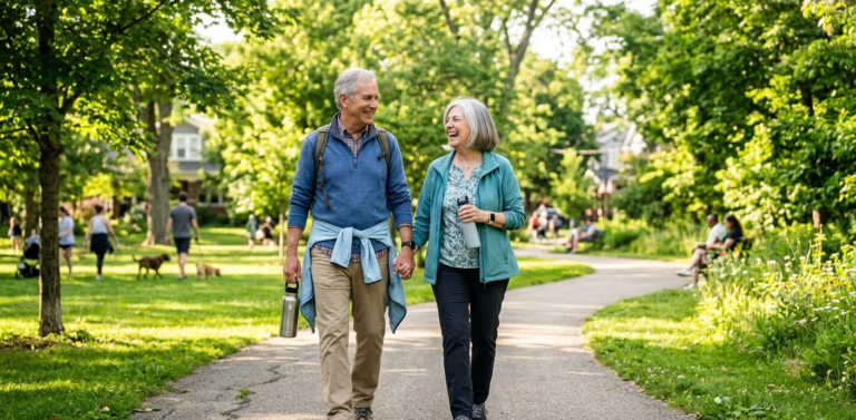 Active senior couple enjoying daily walk in USA neighborhood – health tips for over 60