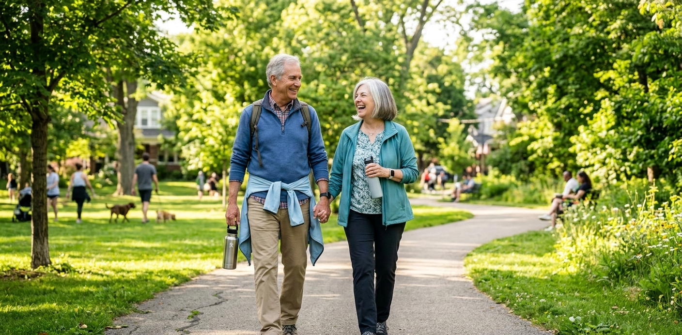 Active senior couple enjoying daily walk in USA neighborhood – health tips for over 60