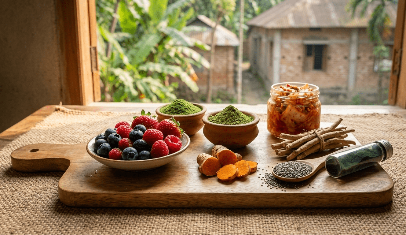 Assortment of top superfoods in 2026 for energy, immunity, and longevity