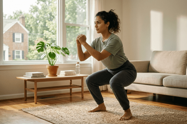 Beginner doing bodyweight workout routine at home for full-body strength