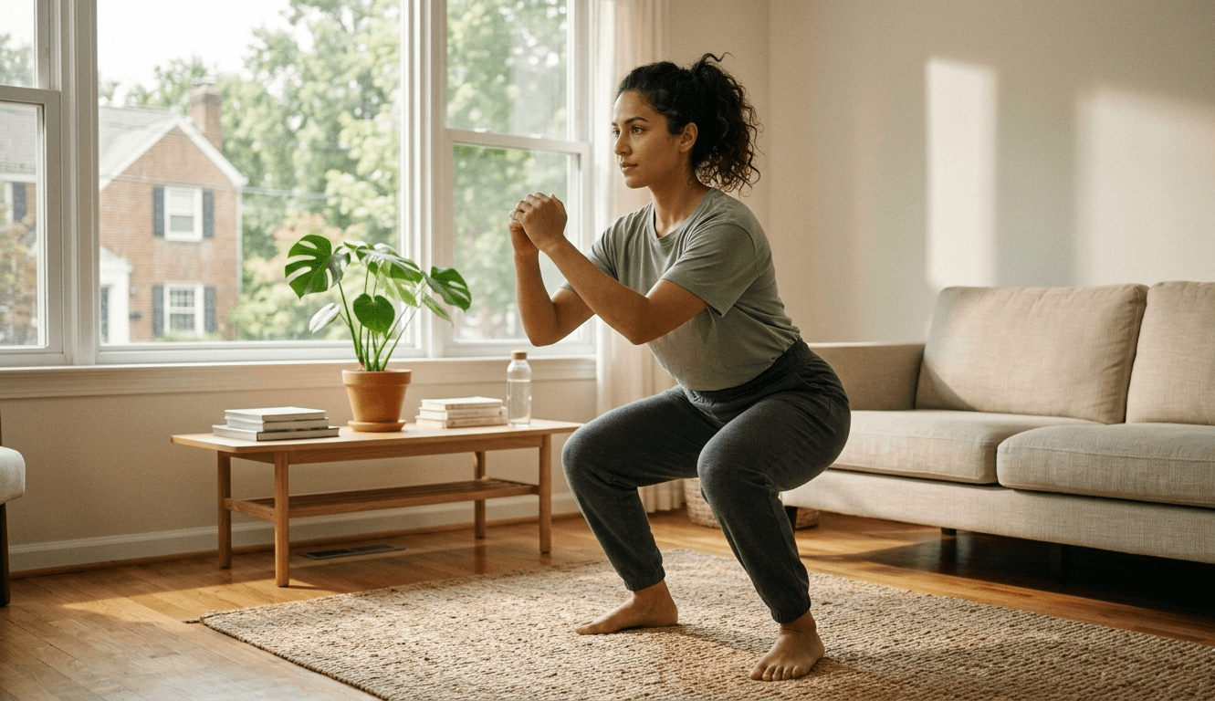 Beginner doing bodyweight workout routine at home for full-body strength