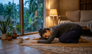 Beginner practicing gentle yoga routine for stress relief and better sleep at home