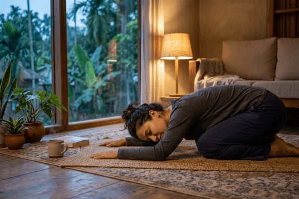 Beginner practicing gentle yoga routine for stress relief and better sleep at home