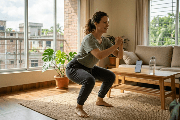 Busy person doing quick home strength training routine with bodyweight exercises