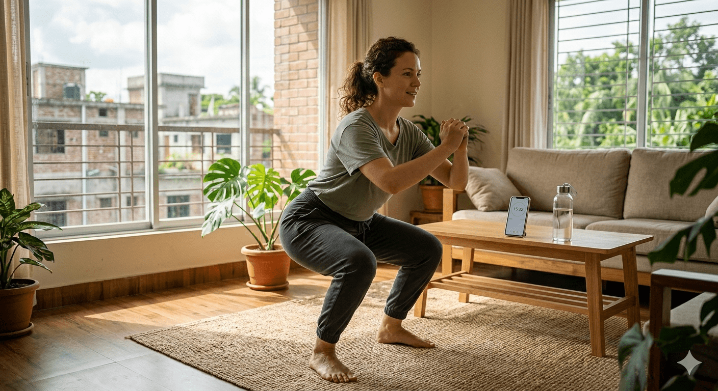 Busy person doing quick home strength training routine with bodyweight exercises