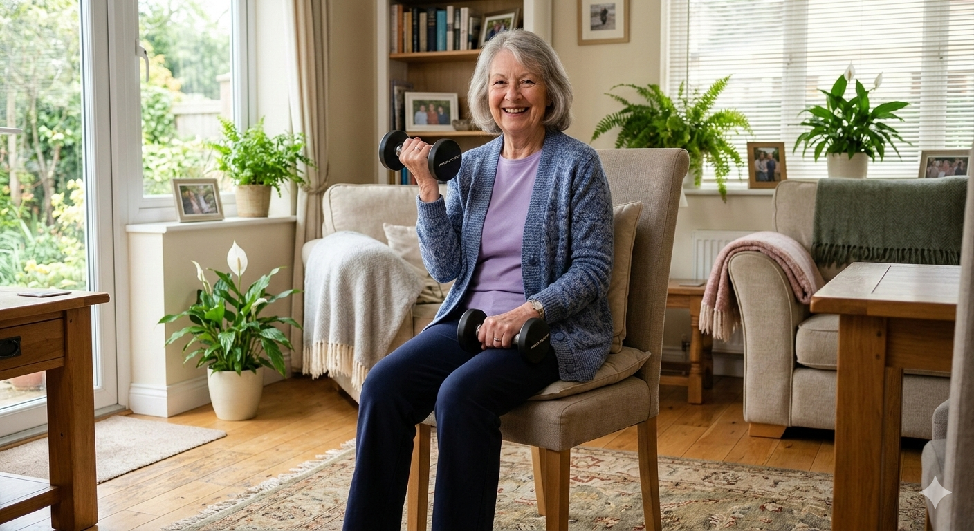 Senior over 65 doing safe seated dumbbell workout at home for strength and balance
