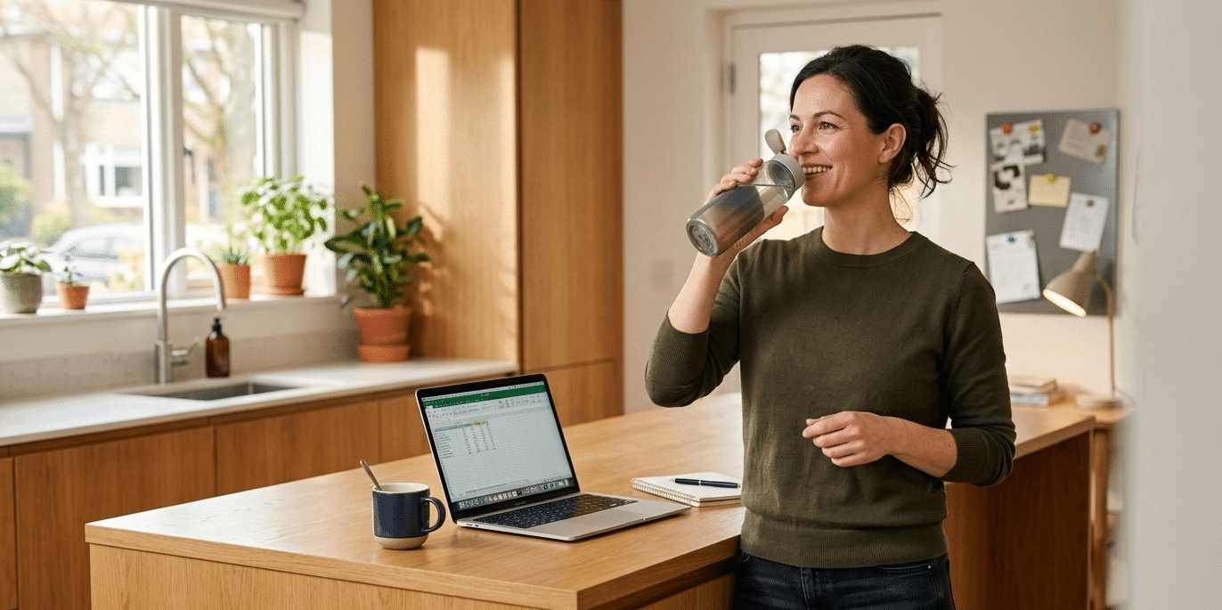 Busy American adult incorporating quick daily health habits at home for energy and focus